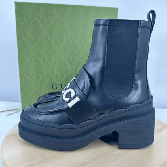 Gucci Women’s Ornella Leather Boots Logo Chunky Platform Chelsea US 8 Black NIB - Picture 9 of 15
